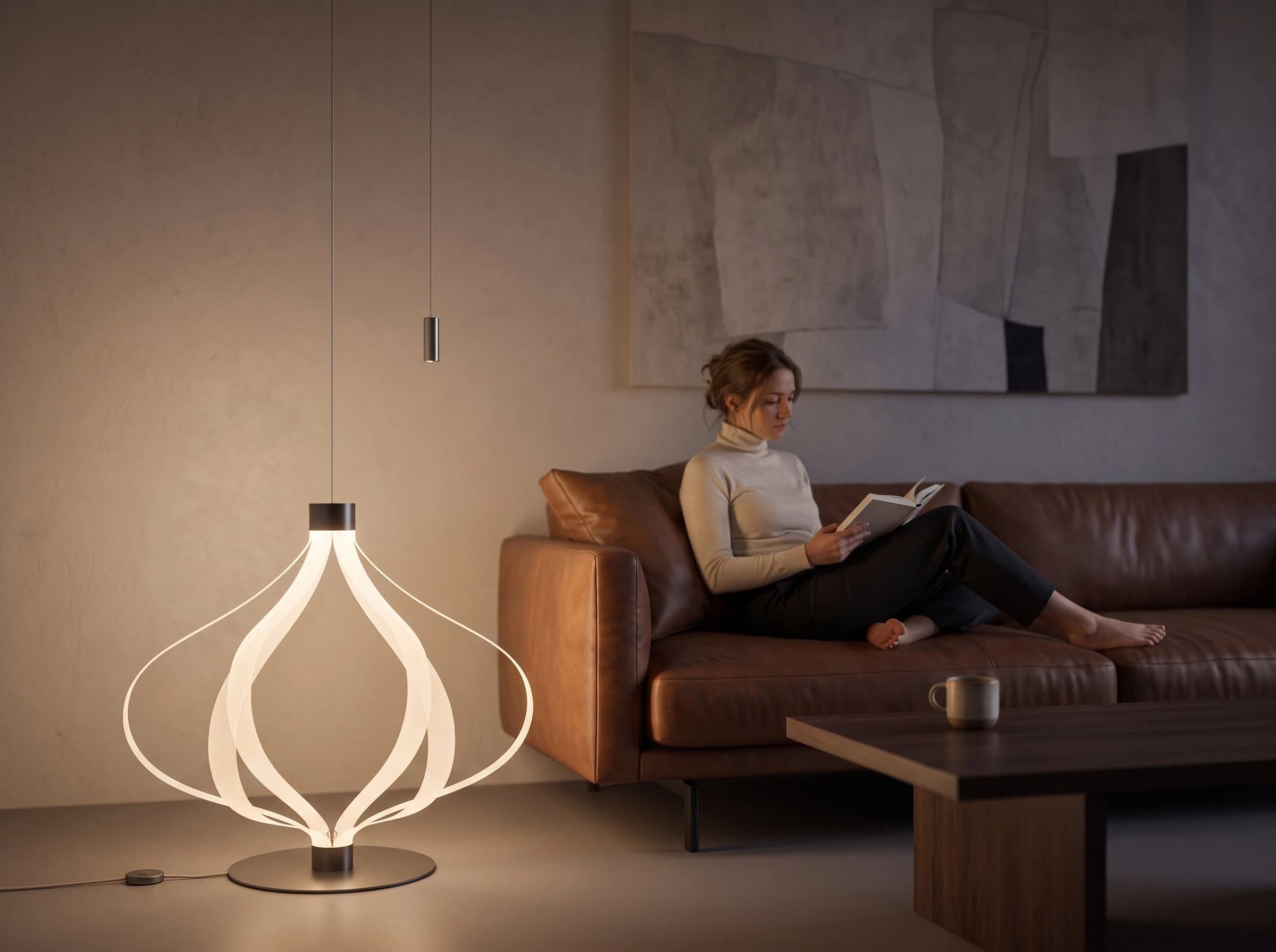 Compact configuration: the fabric strips widen into a broad, sculptural shape.