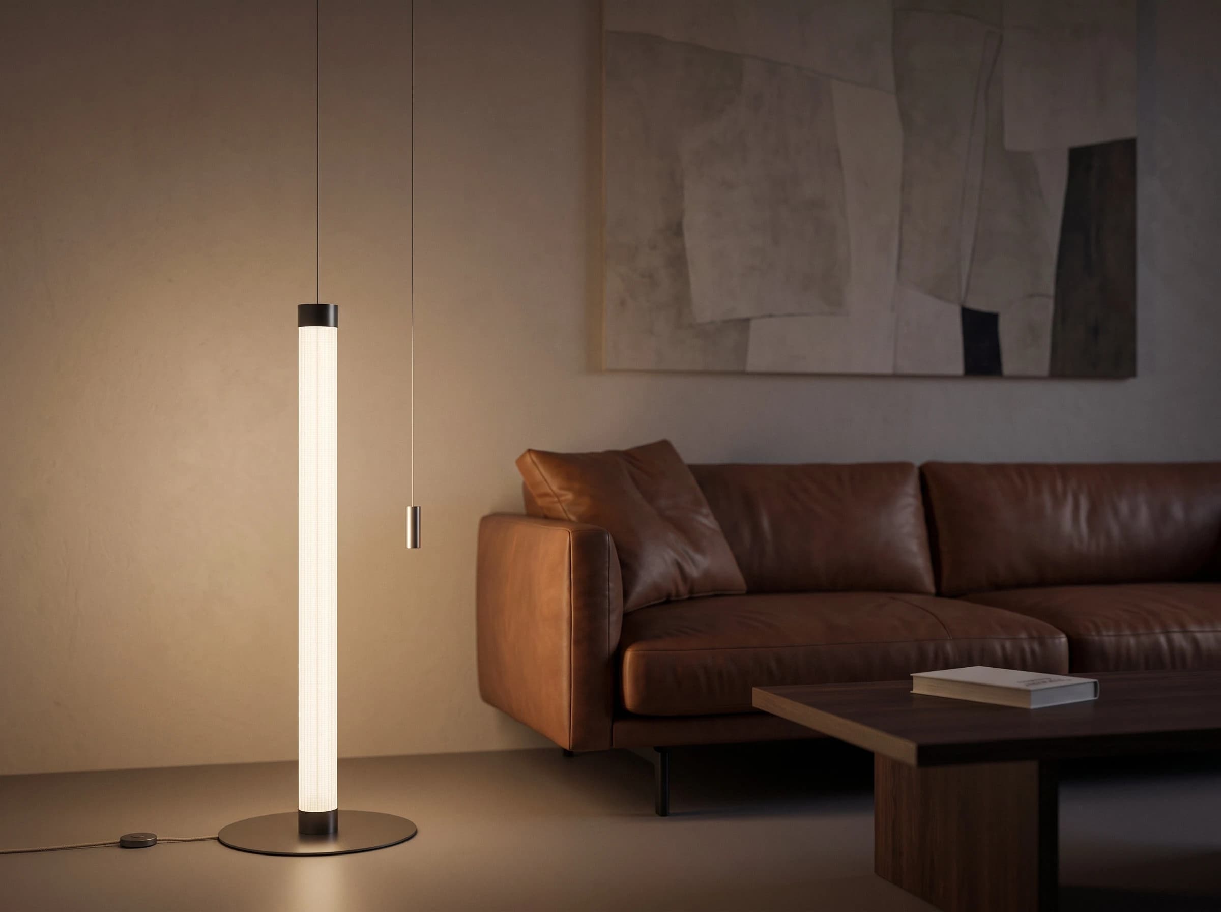 Extended configuration: the strips pull taut into a slender luminous column.